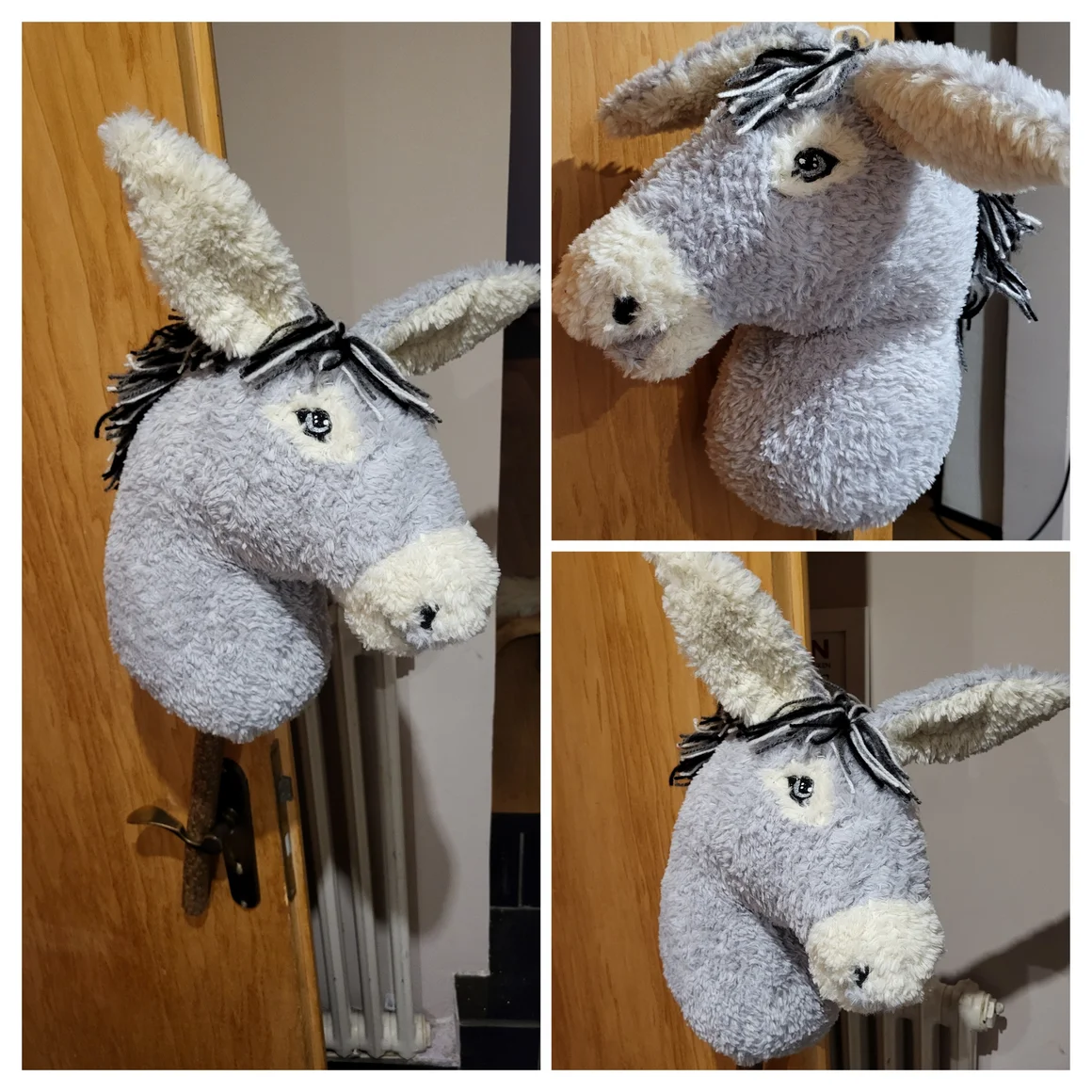 Eine Fotocollage, die einen grauen Plüsch-Eselskopf als Dekoration an einer Tür zeigt.
