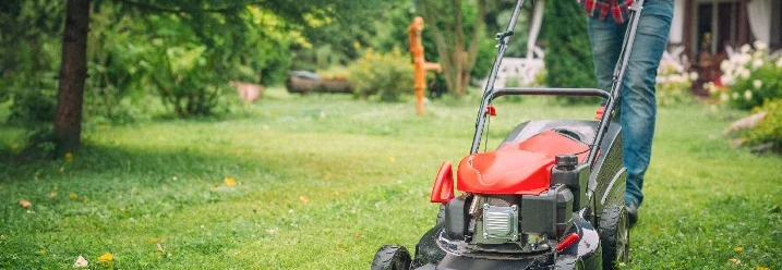 Person mäht Rasen mit Rasenmäher