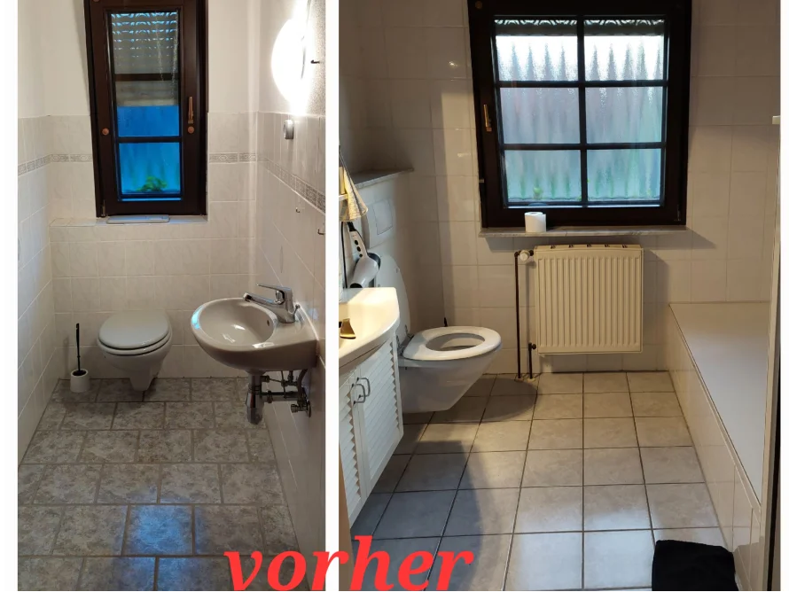 Zwei Fotos eines Badezimmers vor einer Renovierung