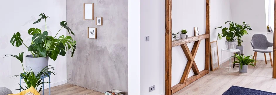 Modernes Wohnzimmer mit Fake-Fachwerk-Befestigung an der Wand