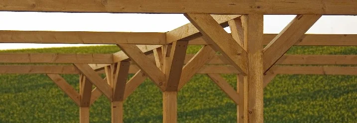 Holzgerüst vor gelbem Feld