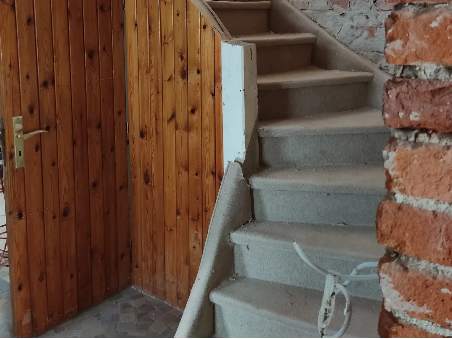 Holztür und Betontreppe
