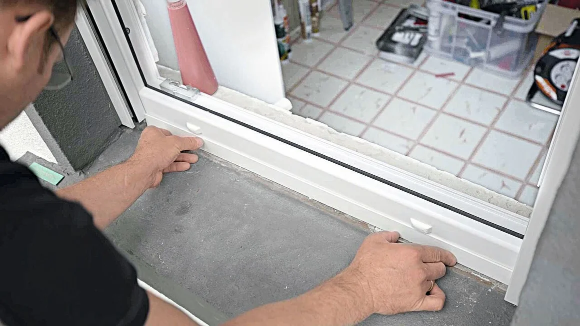 Person bringt Fensterrahmen an