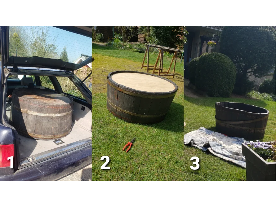 Einbau eines alten Weinfasses als Miniteich