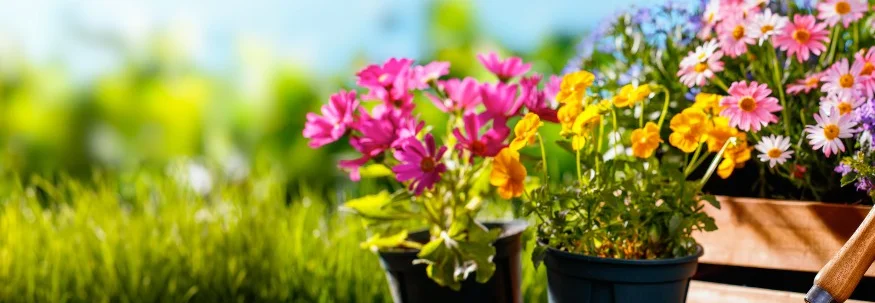 Blumen in Töpfen auf Erde