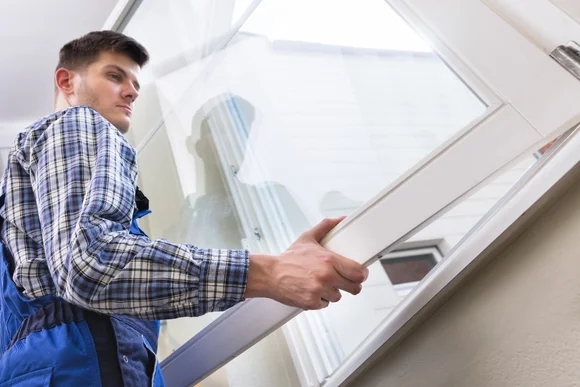 Person setzt Fenster ein