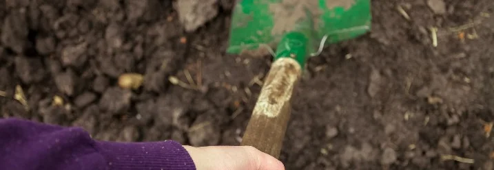 Hand gräbt mit einem Spaten im Gartenboden
