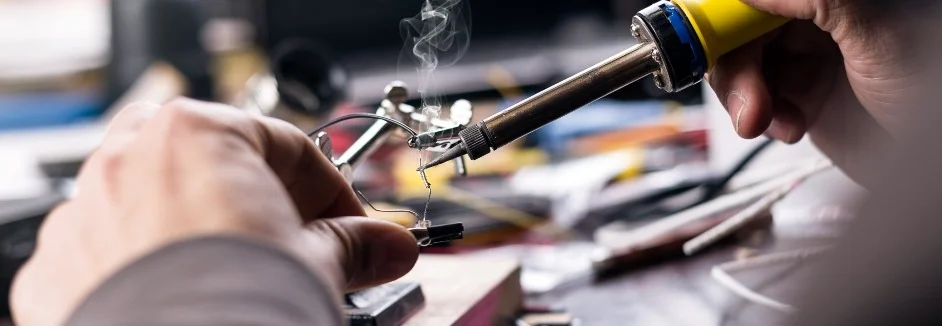 Hände löten Bauteil mit Lötkolben