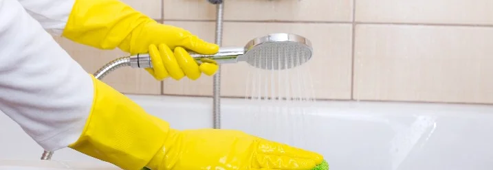 Person reinigt eine Badewanne mit Lappen und Duschkopf.