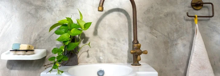 Waschbecken mit Messingarmatur und Grünpflanze