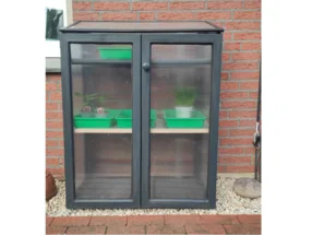 Kleines Gewächshaus mit Anzuchtregalen