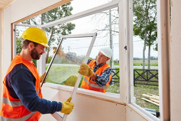 Zwei Personen in Arbeitsschutzkleidung setzen ein Fenster ein