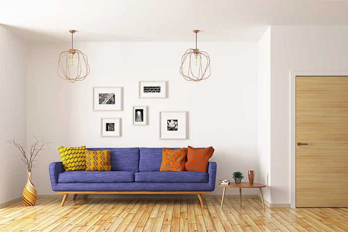 Modernes Wohnzimmer mit blauem Sofa