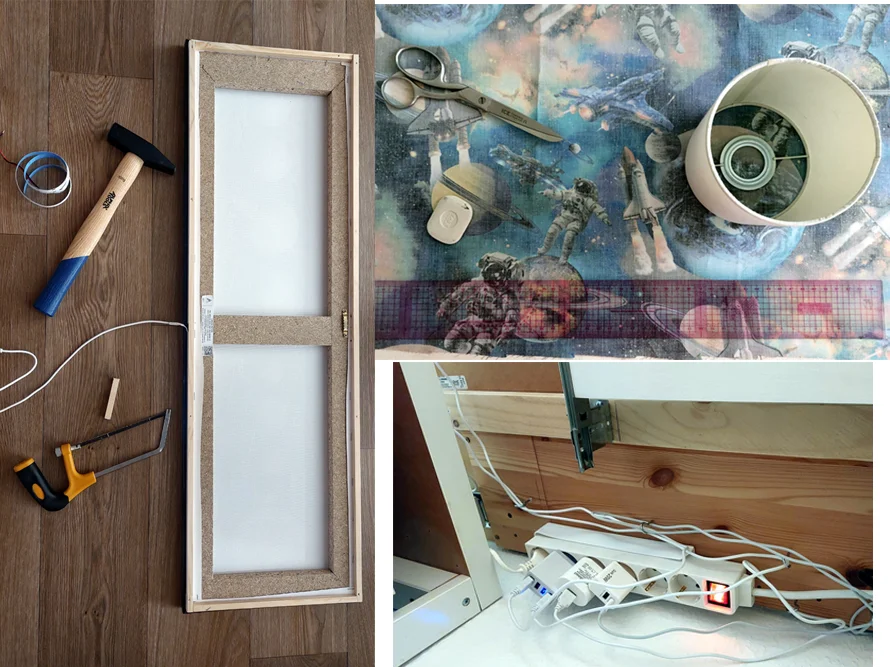 Bildcollage eines DIY-Projekts mit Werkzeugen und Materialien für eine Lampe.