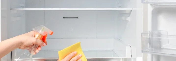 Person reinigt Kühlschrank mit Reiniger