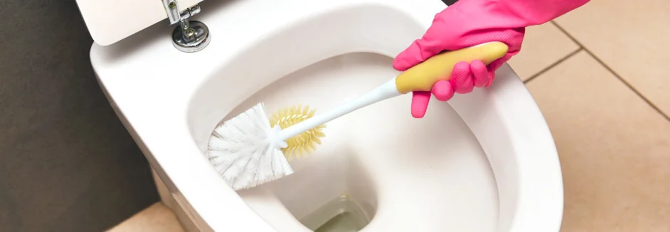 Hand in Gummihandschuh reinigt Toilette