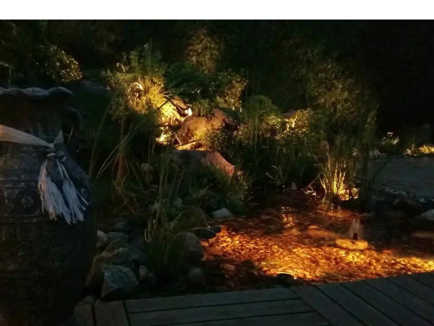 Beleuchteter Bachlauf im Garten bei Nacht