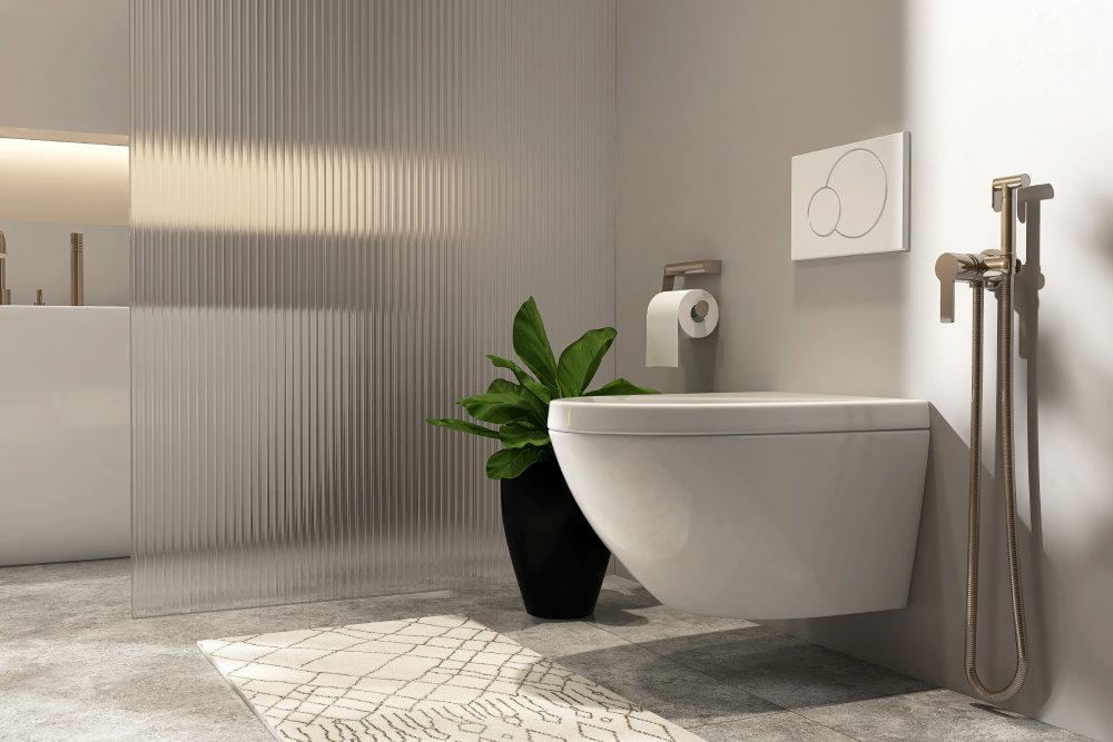 Modernes Badezimmer mit wandhängendem WC, Pflanze und Bidet-Brause.