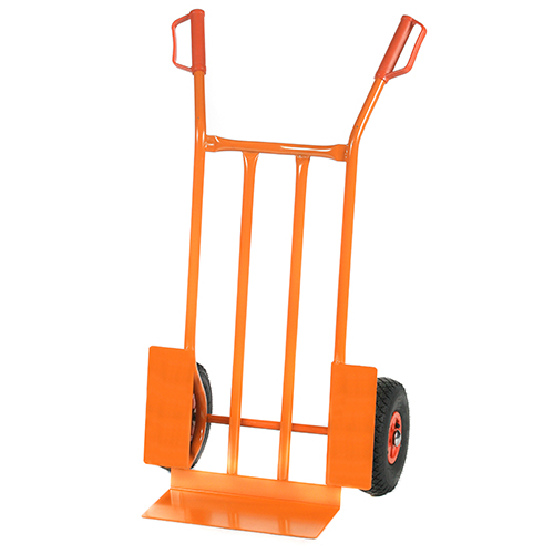 Orangefarbene Sackkarre mit zwei Rädern
